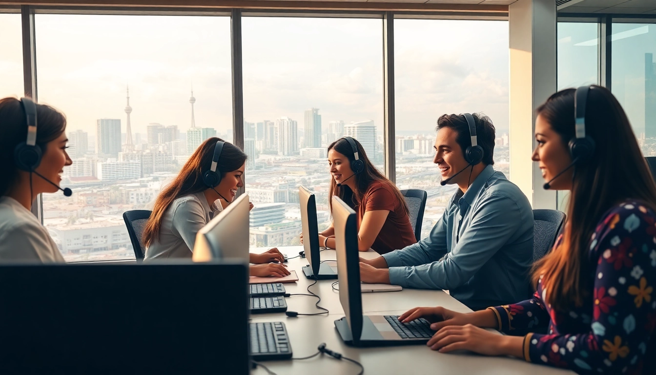 Engaged agents at call centers in Tijuana Mexico working collaboratively in a modern workspace.