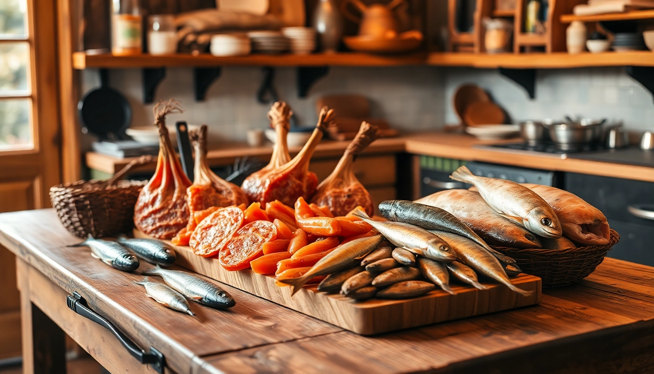 Artfully presented salting techniques featuring different salted meats and fish on a rustic table.