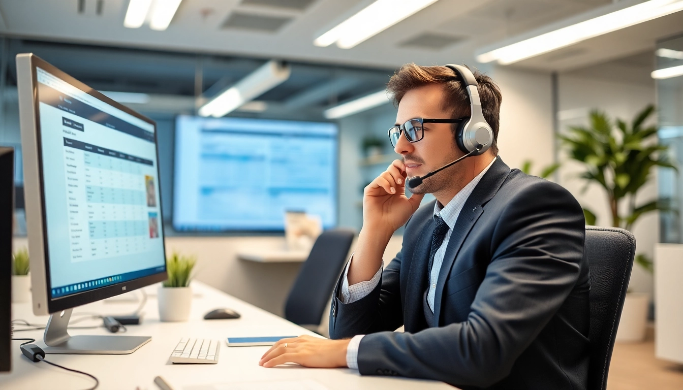 Engaging in real estate cold calling services to generate leads while using a headset in a modern office.