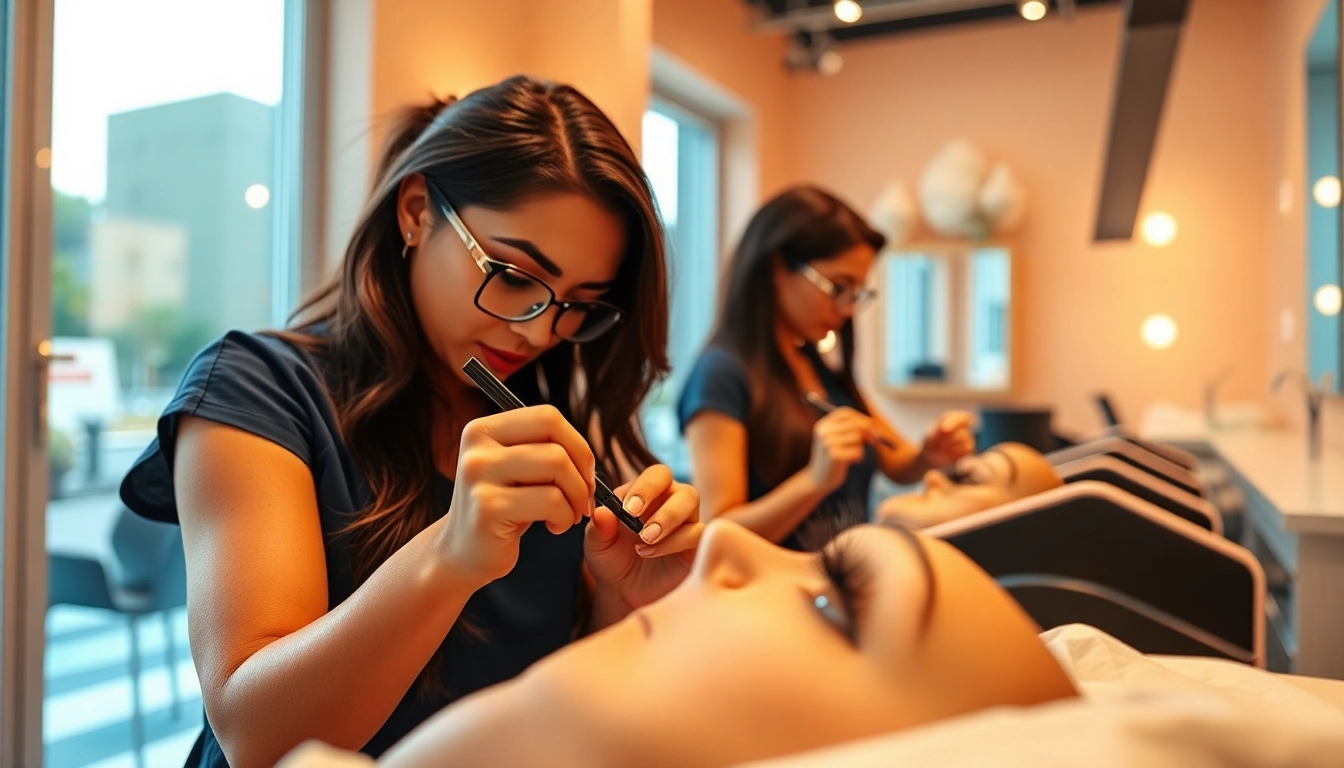 Lash techs skillfully applying eyelash extensions to a client's eyes in a bright, stylish salon setting.