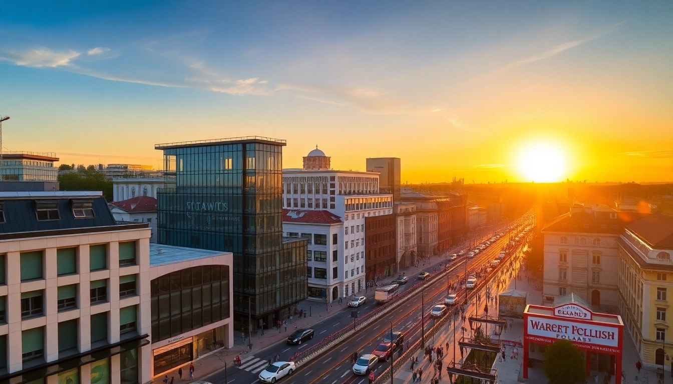 View of Warsaw, Poland showcasing opportunities for Polonya'da Şirket Açmak with vibrant architecture and lively streets.