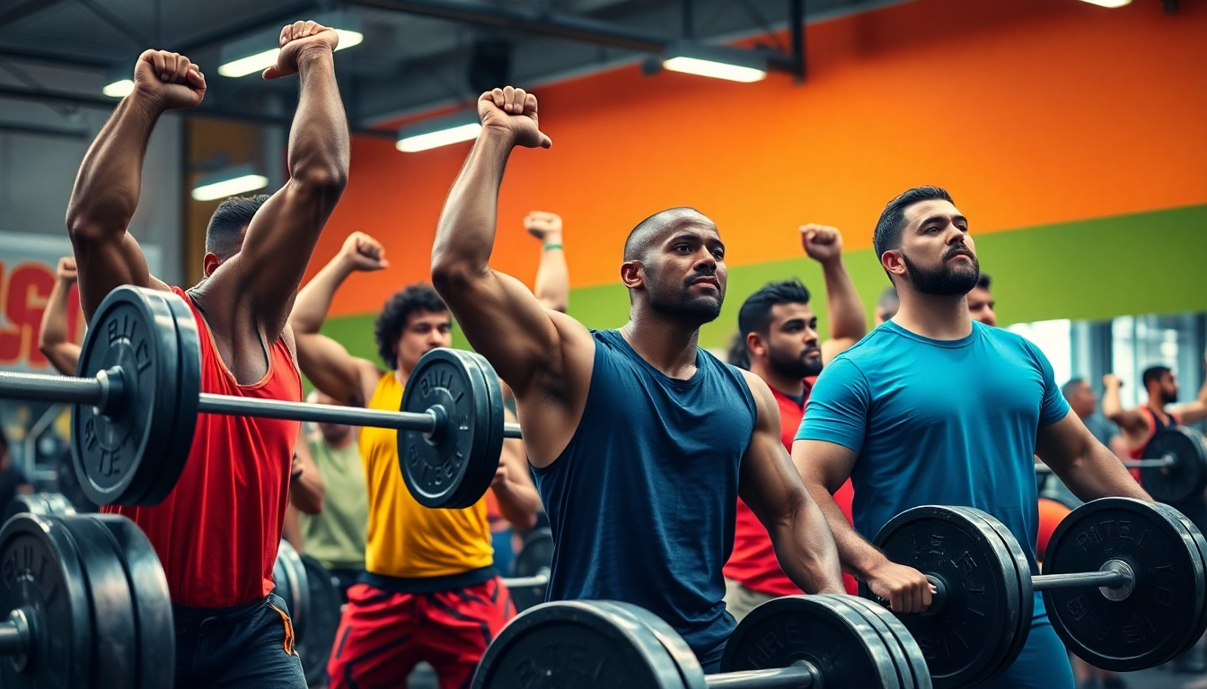 Weightlifting athletes performing various lifts in a vibrant gym setting with bright lighting.