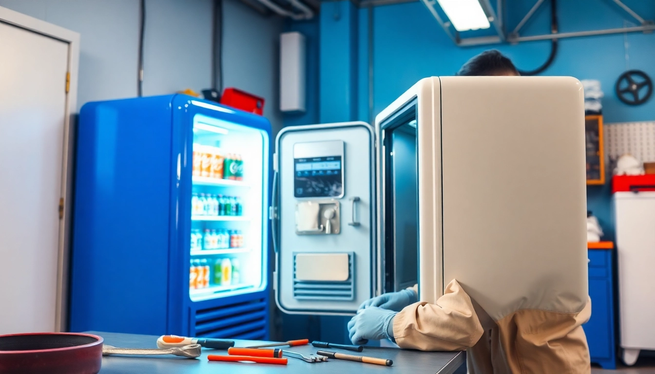 Technician performing soda cooler repair with tools and equipment in a bright workshop environment.