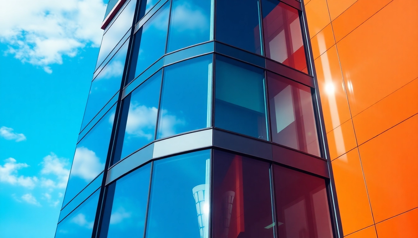 Showcase Business Facade Services with a polished modern building reflecting vibrant city life.