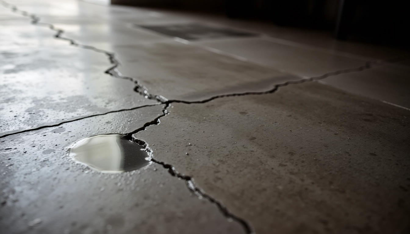 Identify what is slab leakage through a detailed view of water pooling on a cracked concrete slab.