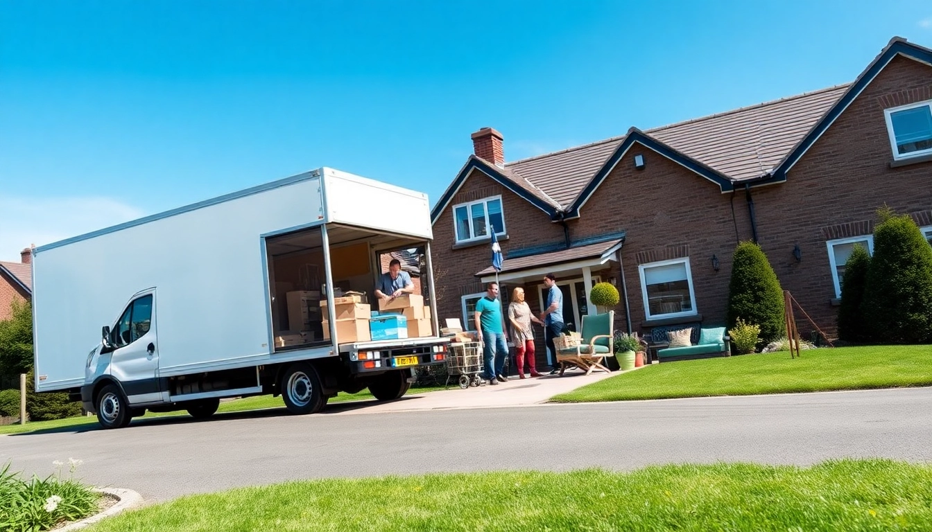 Moving truck from removal companies Keighley unloading boxes at a family's new home.