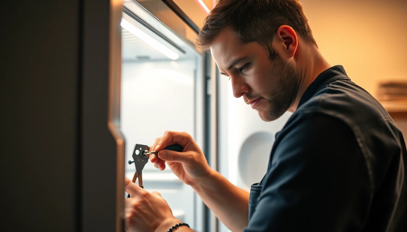 Technician performing soda cooler repair, highlighting tools and precision work.