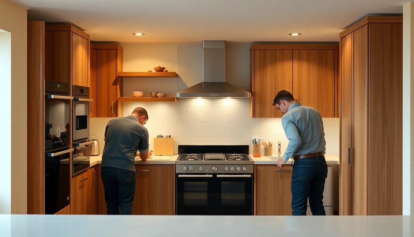 Wren kitchen fitters expertly installing modern cabinetry and appliances in a bright kitchen.