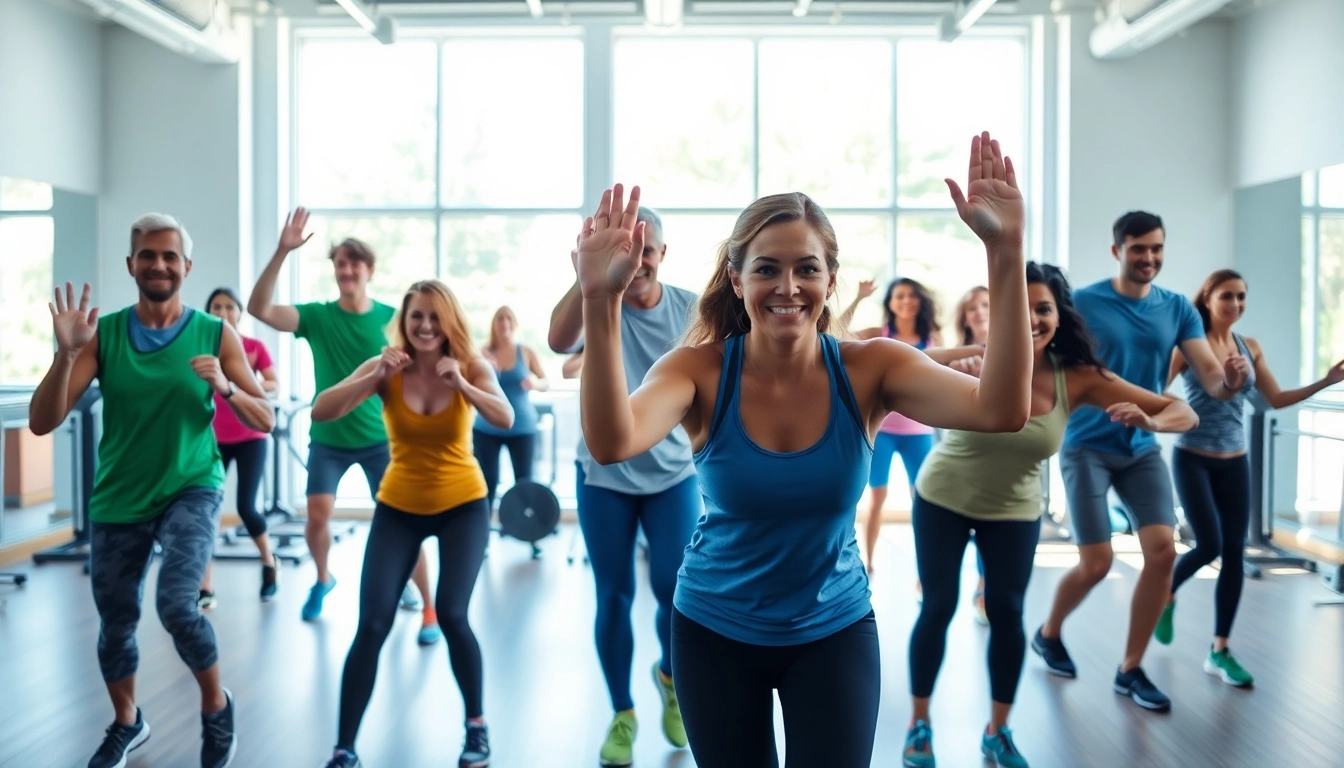 Engaged participants in a small group class near me working out in a vibrant gym setting.