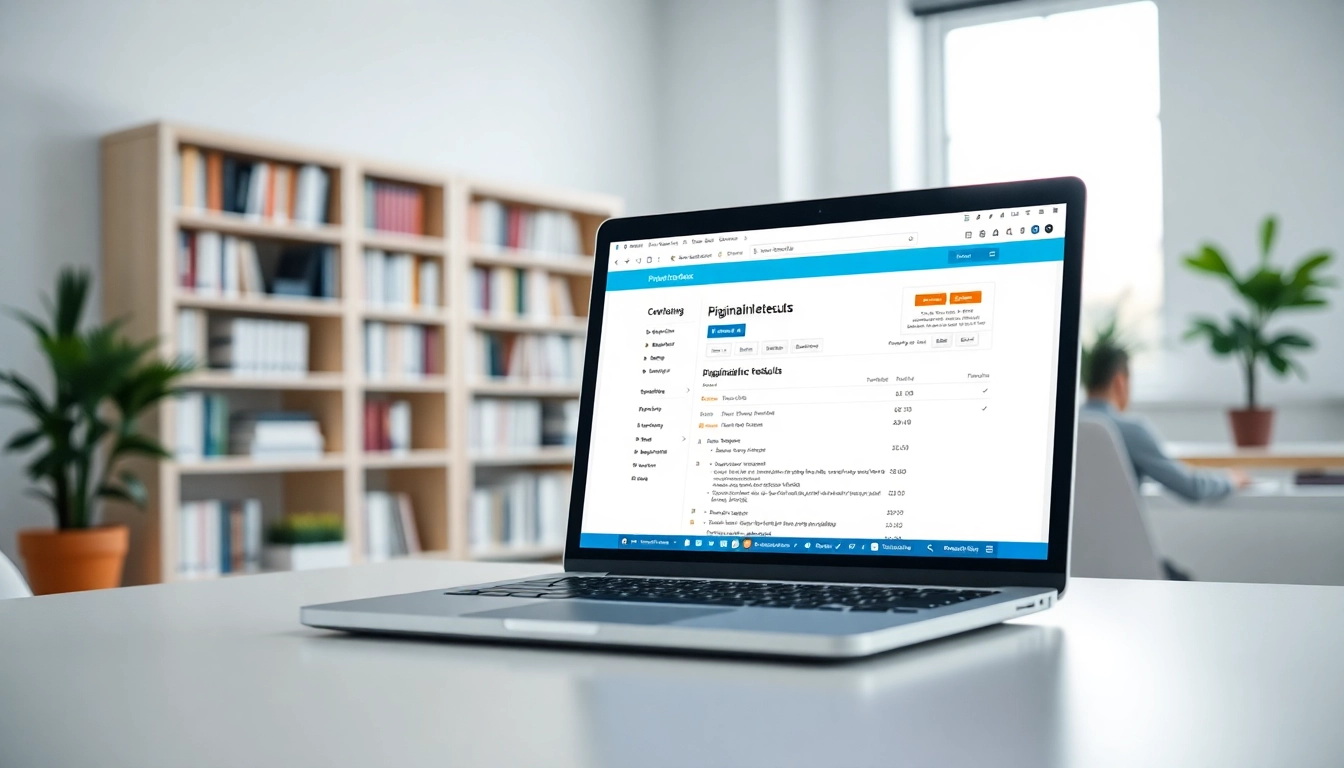 Utilizing a plagiarism checker tool on a modern laptop in a professional setting.
