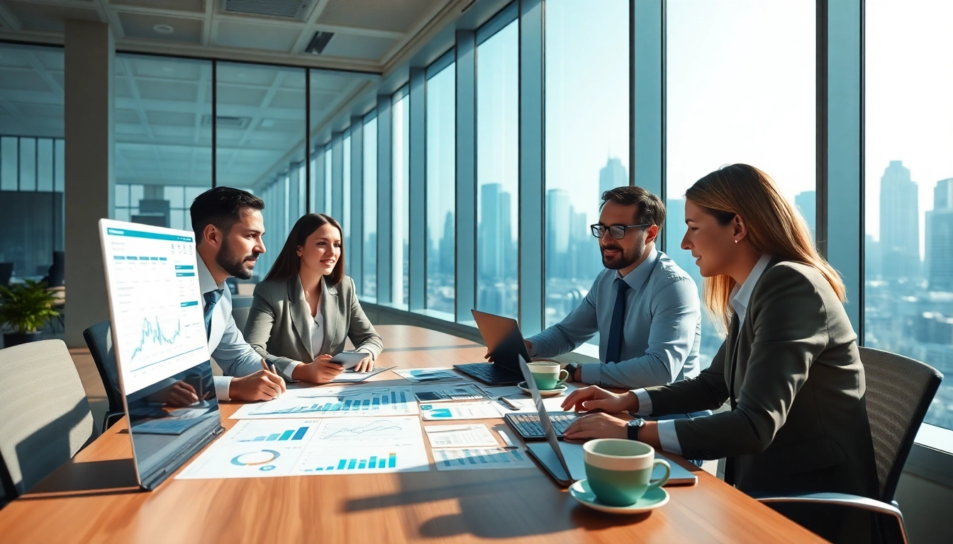 Find competitor pricing through business professionals collaborating on market analysis in a modern office.