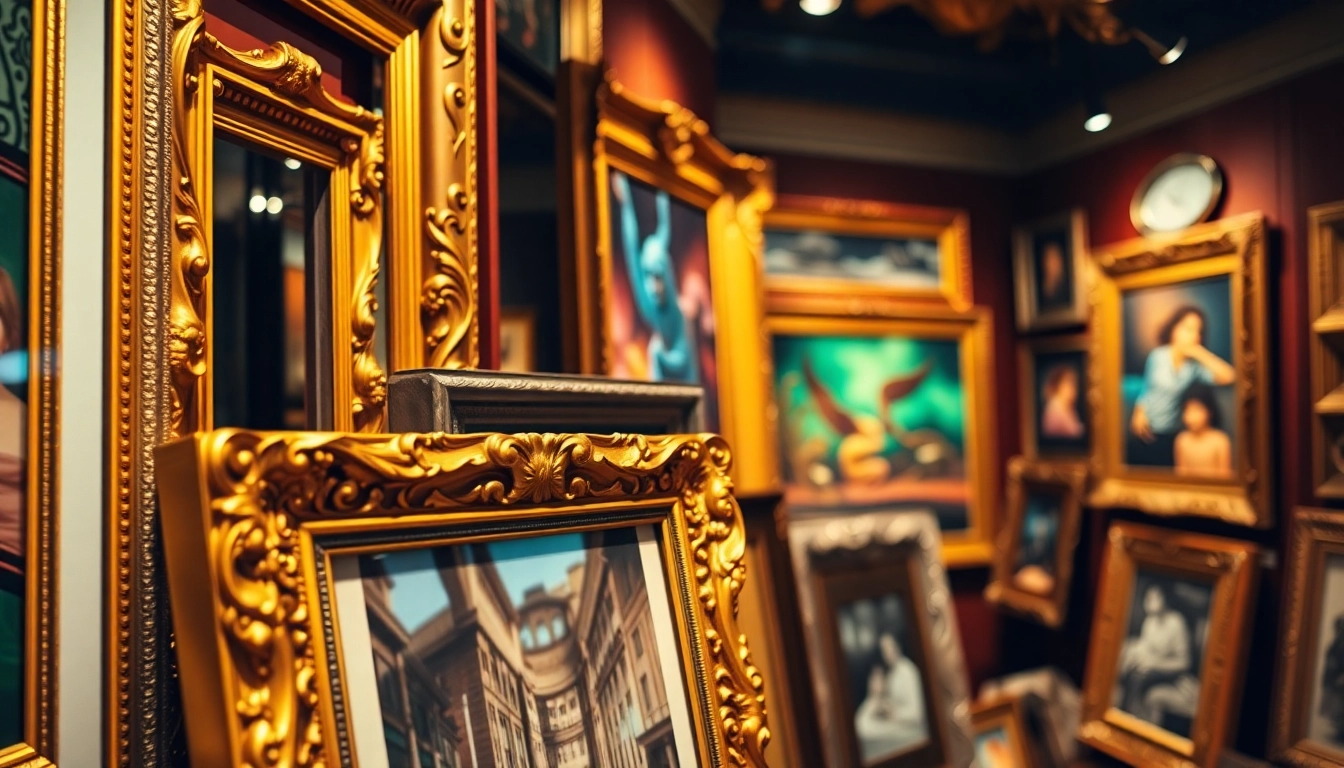 Showcasing ornate picture frames with intricate details at an art gallery.