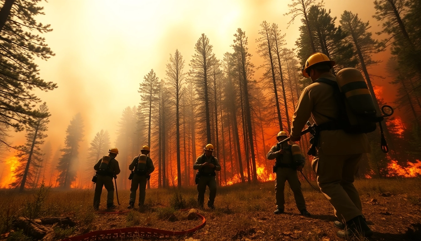 Firefighters responding to wildfire events in a forest, showcasing bravery and urgency.