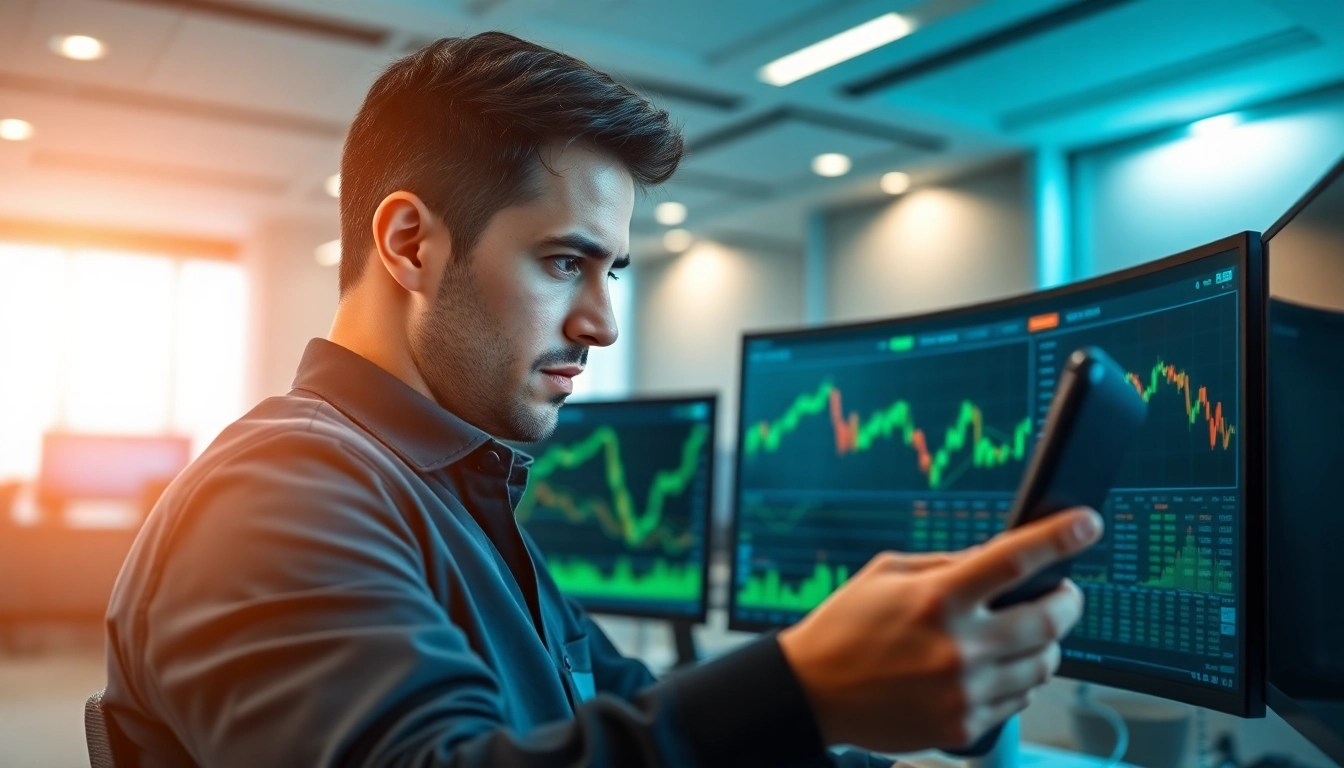Trader analyzing trade futures data on multiple screens in a modern office setup.