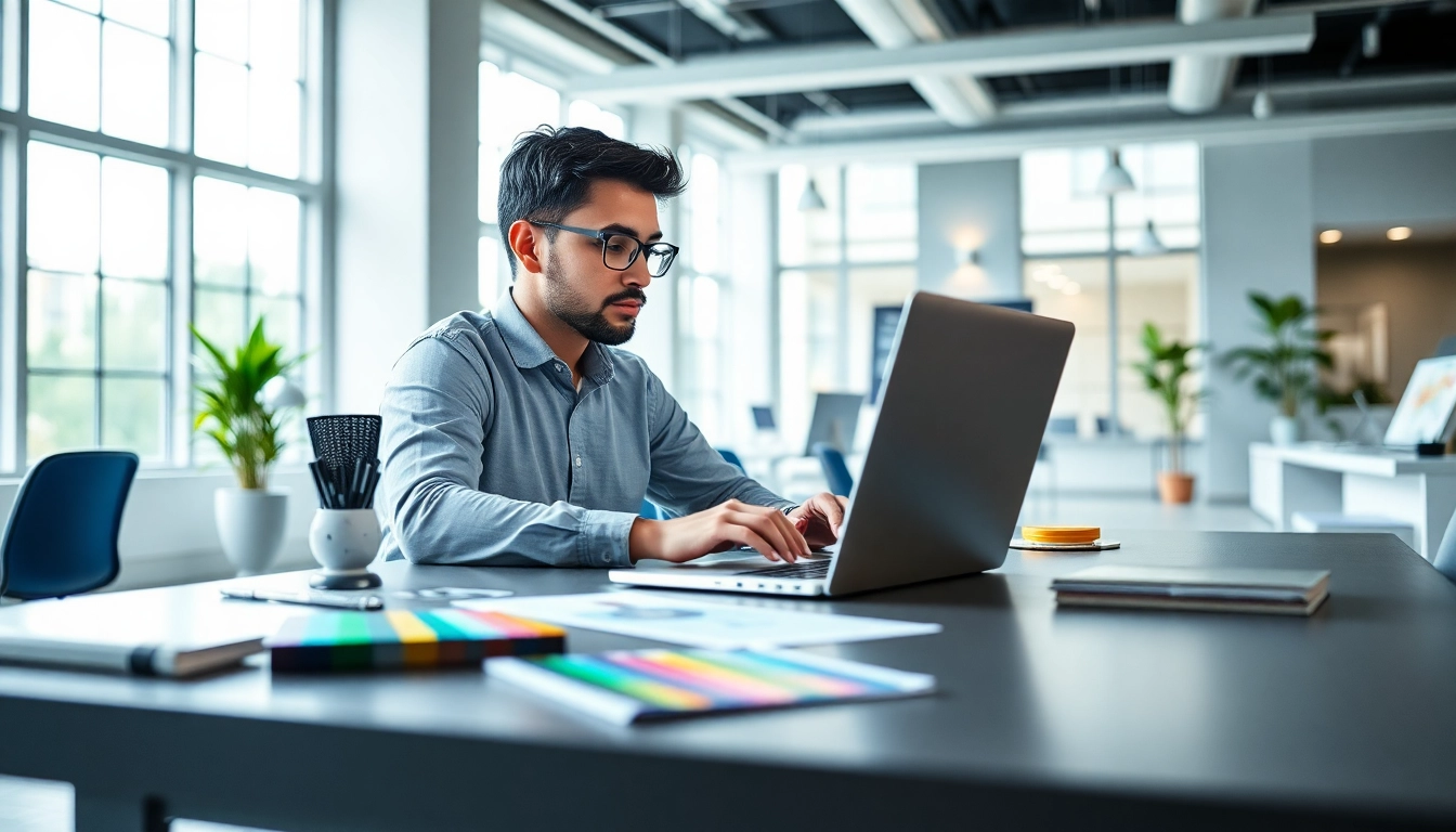 Enhancing AI business branding with a professional designer at a creative workspace.