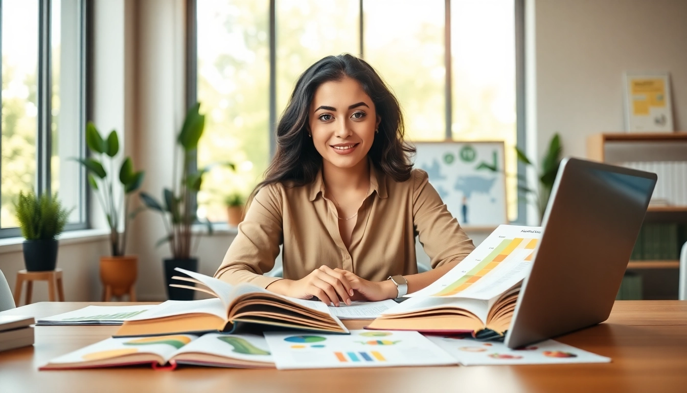 Engaged professional pursuing holistic nutrition certification with study materials and a bright learning atmosphere.