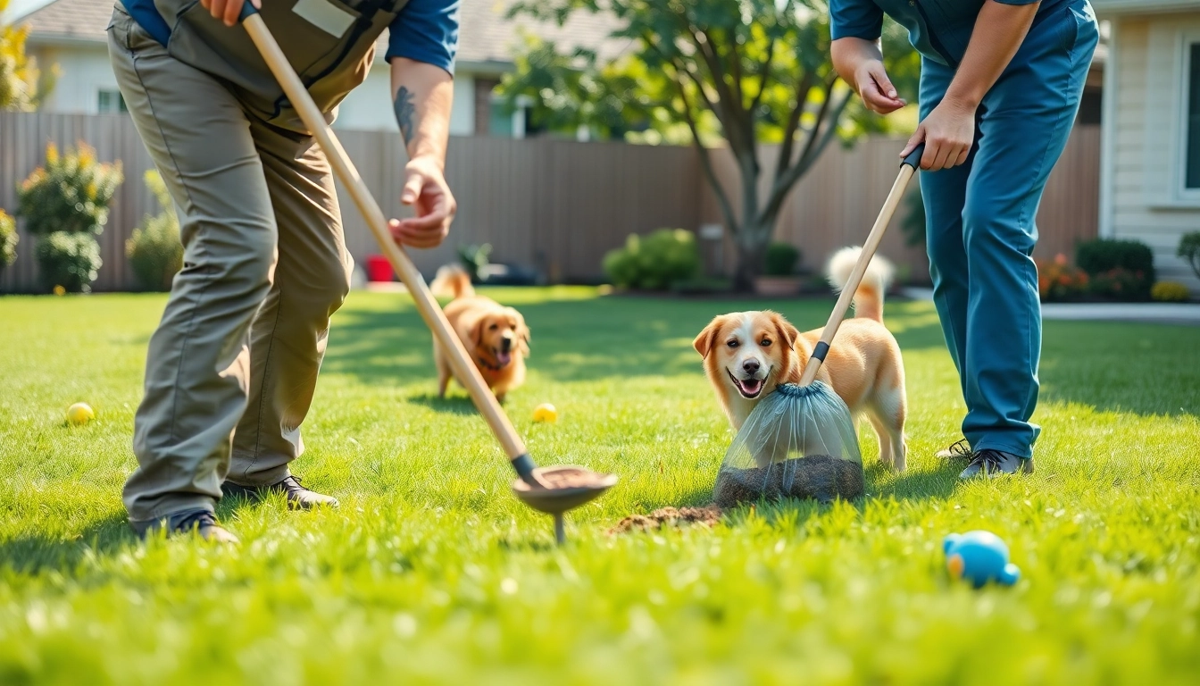 Scooping dog poop cleaning service professionally in a sunny backyard.