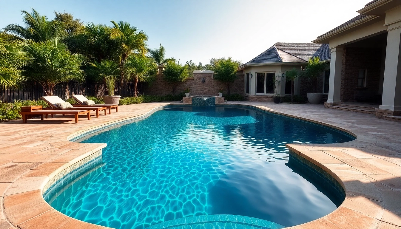 Relaxing custom pool in a luxurious backyard with elegant stone accents and inviting lounge chairs.