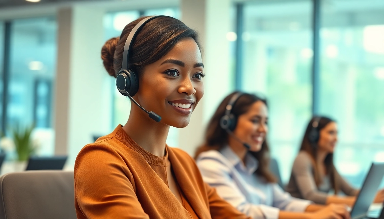 Outsource Call Center Services with professional agents assisting clients in a modern office.