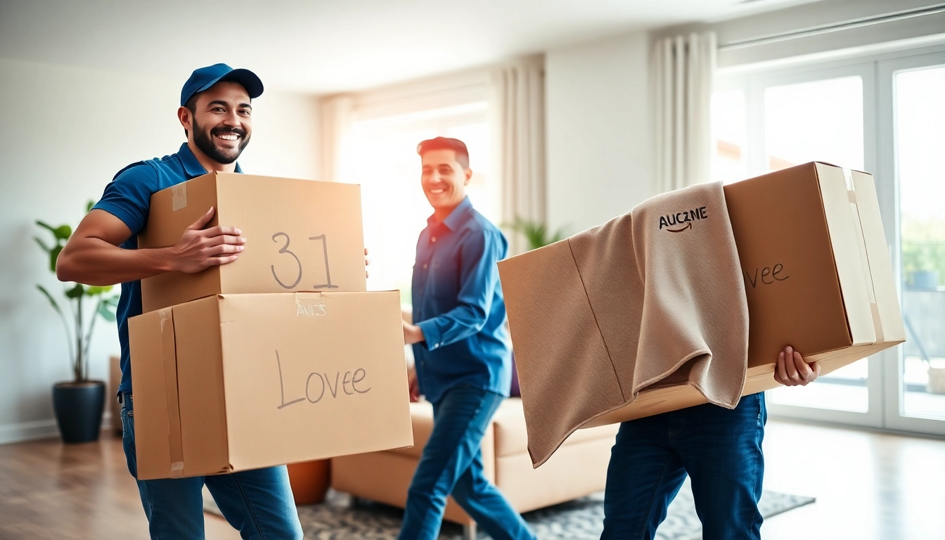 Efficient cheap movers handling boxes and furniture in a bright living room.