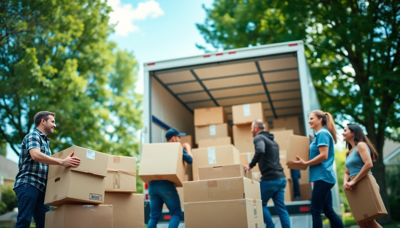 Cheap movers assisting a family with transporting boxes into a moving truck outdoors.
