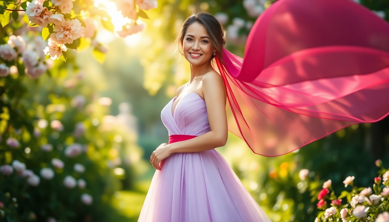 A bride showcasing coloured wedding dresses in a serene garden setting.