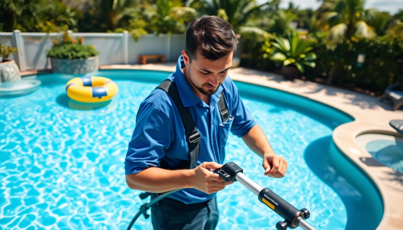 Expert pool service in Largo, FL, with a technician cleaning a sparkling pool under bright sunlight.