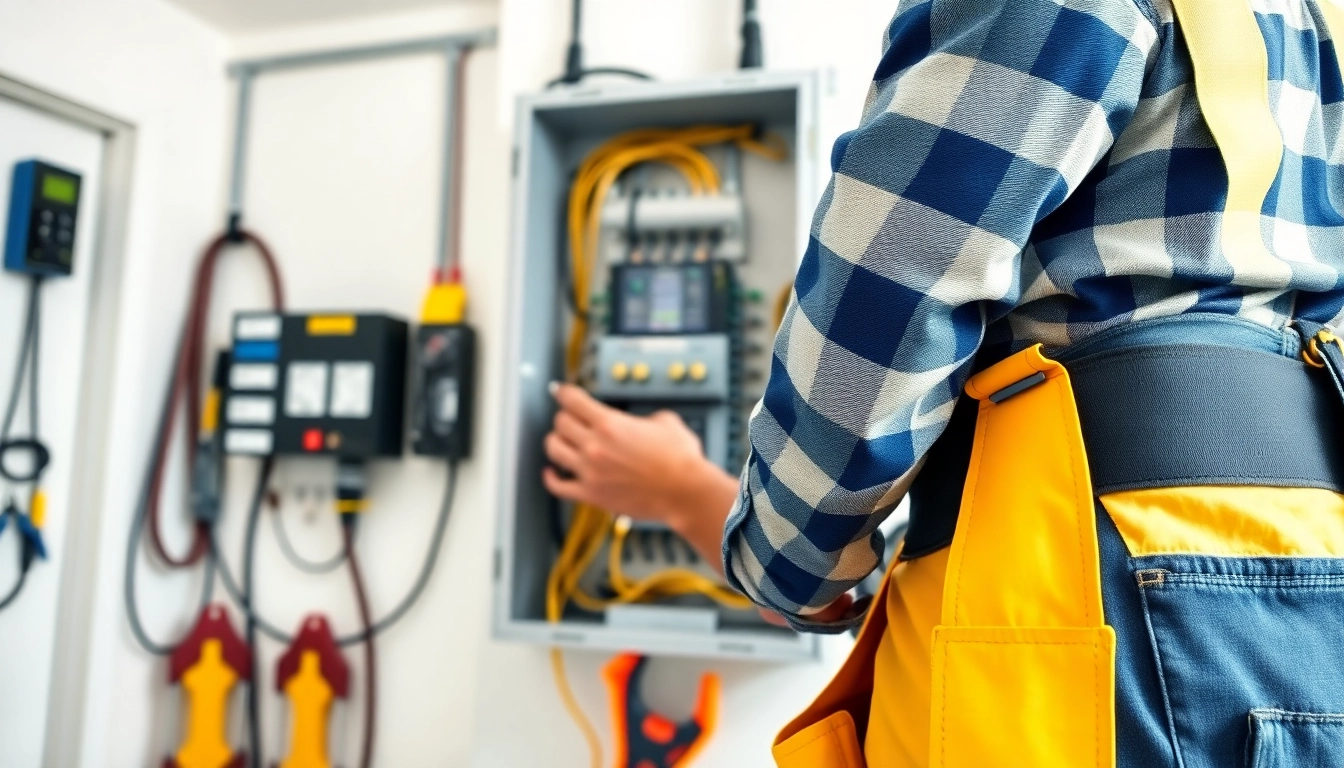 Electrician performing an Electrical Panel Upgrade, showcasing tools and safety in a clean utility space.