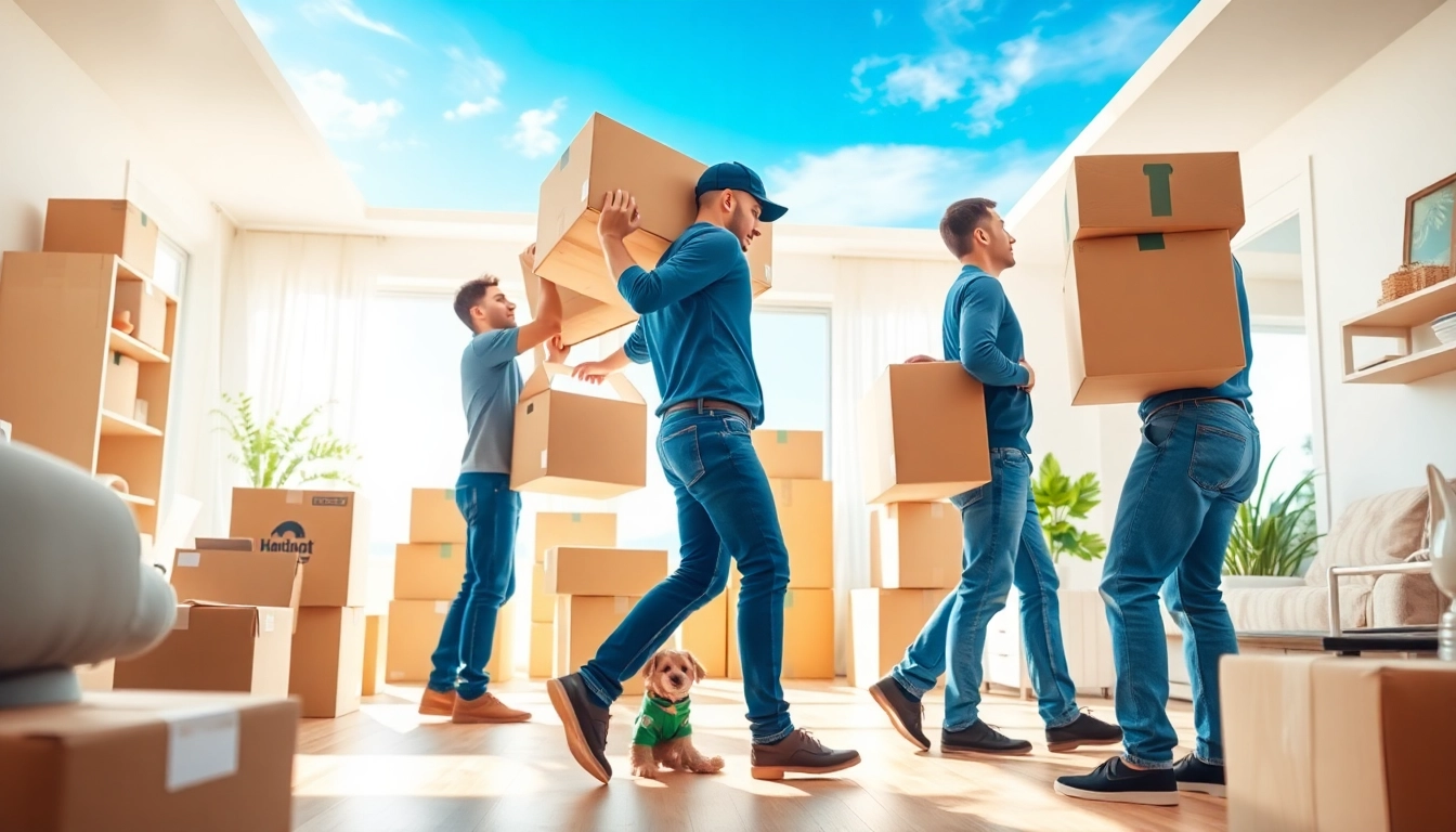House moves in action as professional movers efficiently relocate furniture and boxes with expertise.