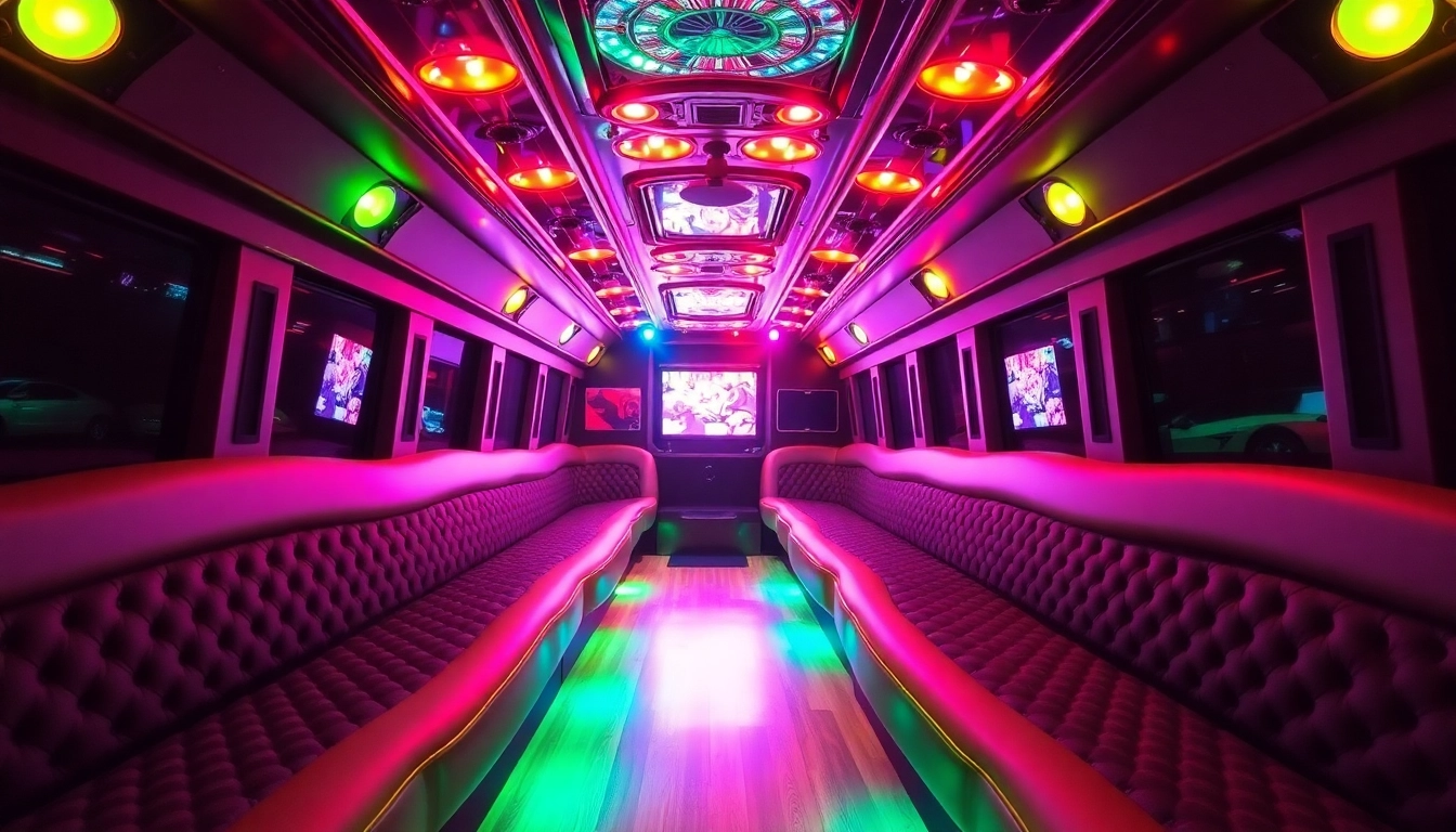 Experience the luxurious Atlanta party bus with vibrant interiors, plush seating, and a lively atmosphere.