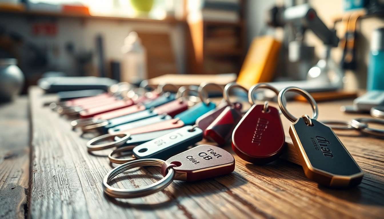 Explore customized key chains with vibrant designs showcased on a workshop table.