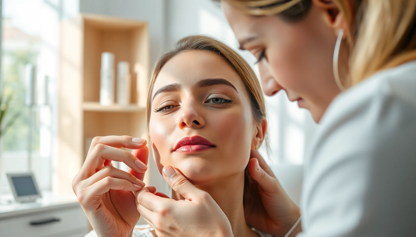 Skincare expert evaluating anti age treatments on a client’s glowing skin.