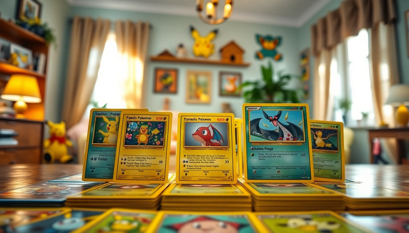 Showcase real pokemon cards in India laid out beautifully in a cozy home setting.