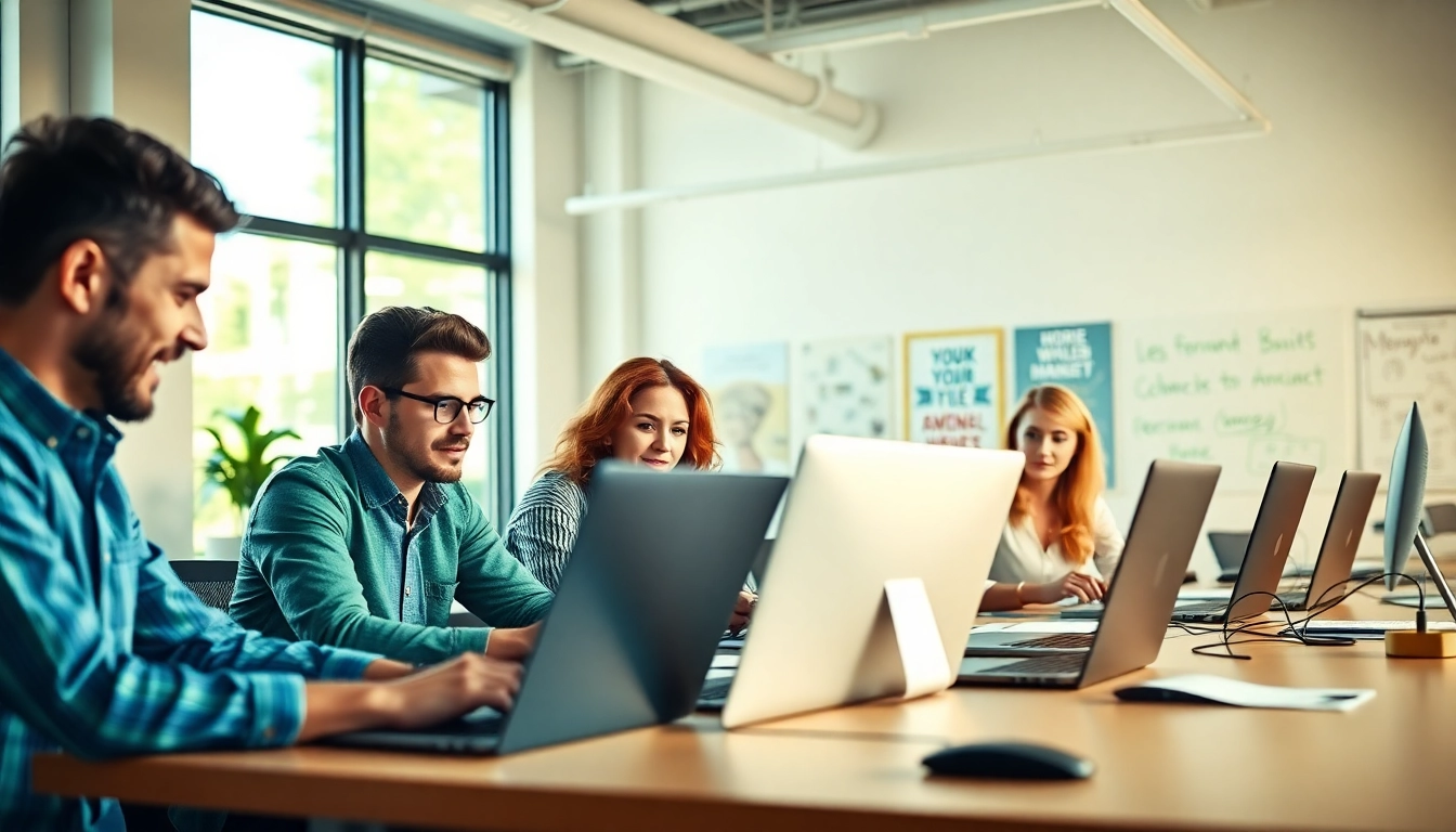 Collaborative scene featuring funnel builders creating digital strategies in a bright office.
