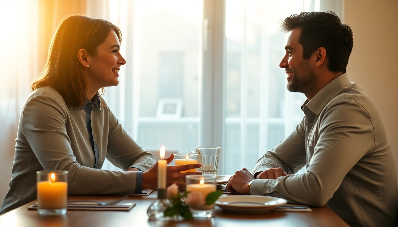 Couple practicing effective communication in relationships at a cozy dinner table.