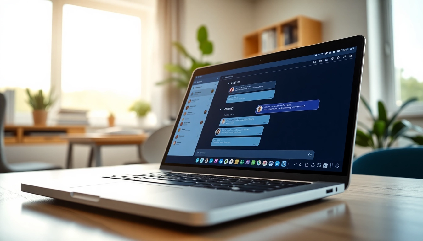 Engaging chatbot for website displayed on a modern laptop in a professional office setting.