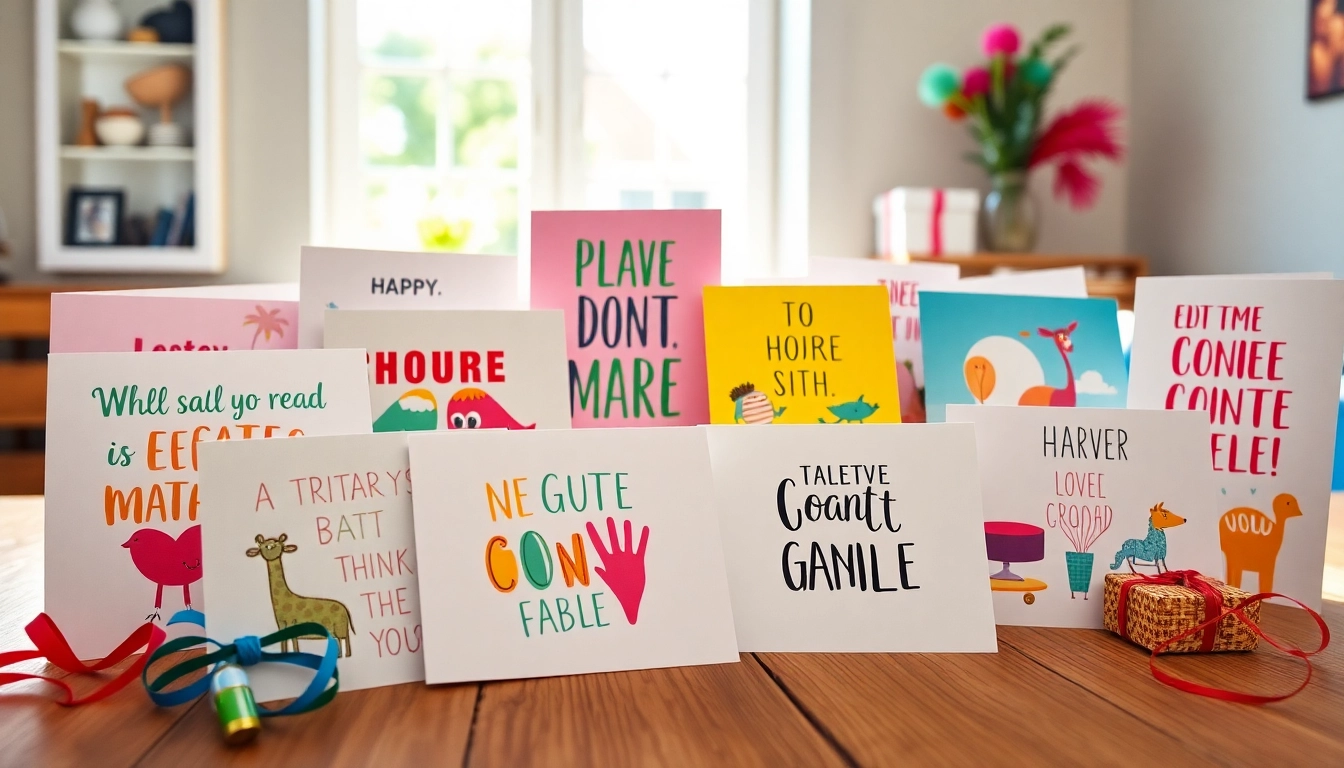 A collection of next day delivery cards UK showcasing unique designs and vibrant colors on a wooden table.