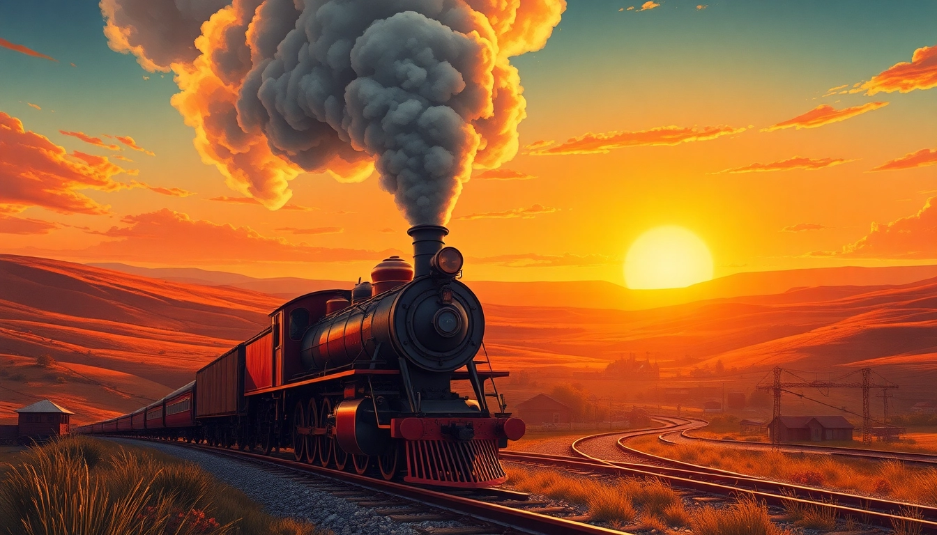 Discover the allure of the railroad tycoon download with a steam locomotive navigating scenic landscapes.