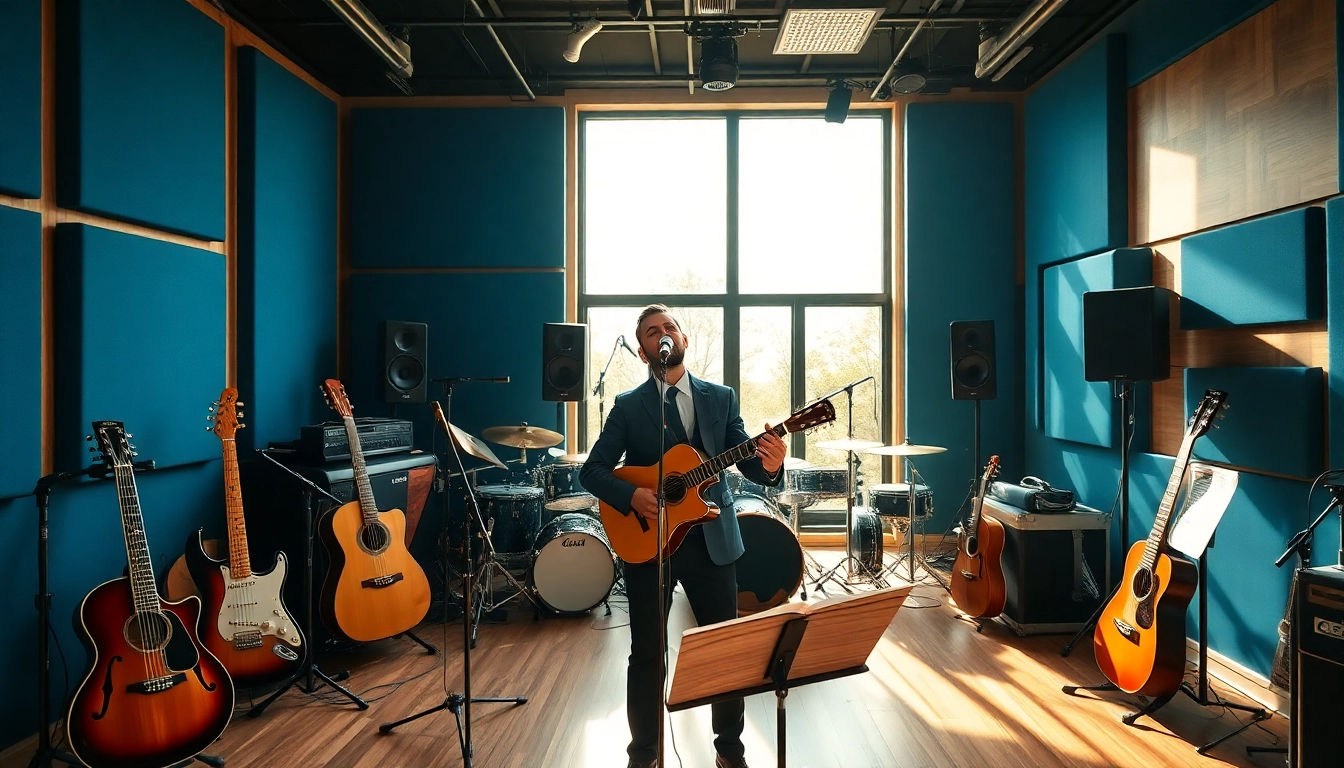 Musician engaged in music pitching within a vibrant recording studio.