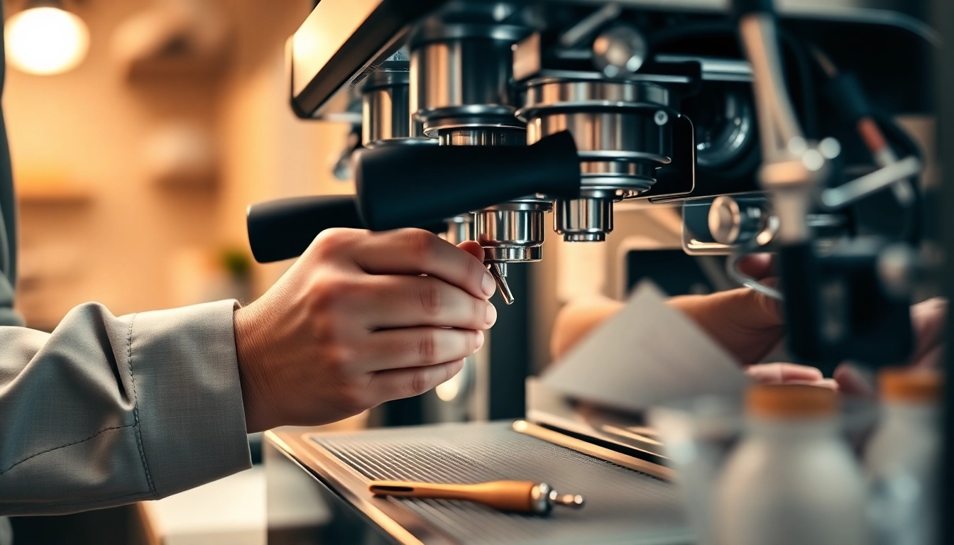 Technician demonstrating Cimbali service technique on an espresso machine in a professional setting.