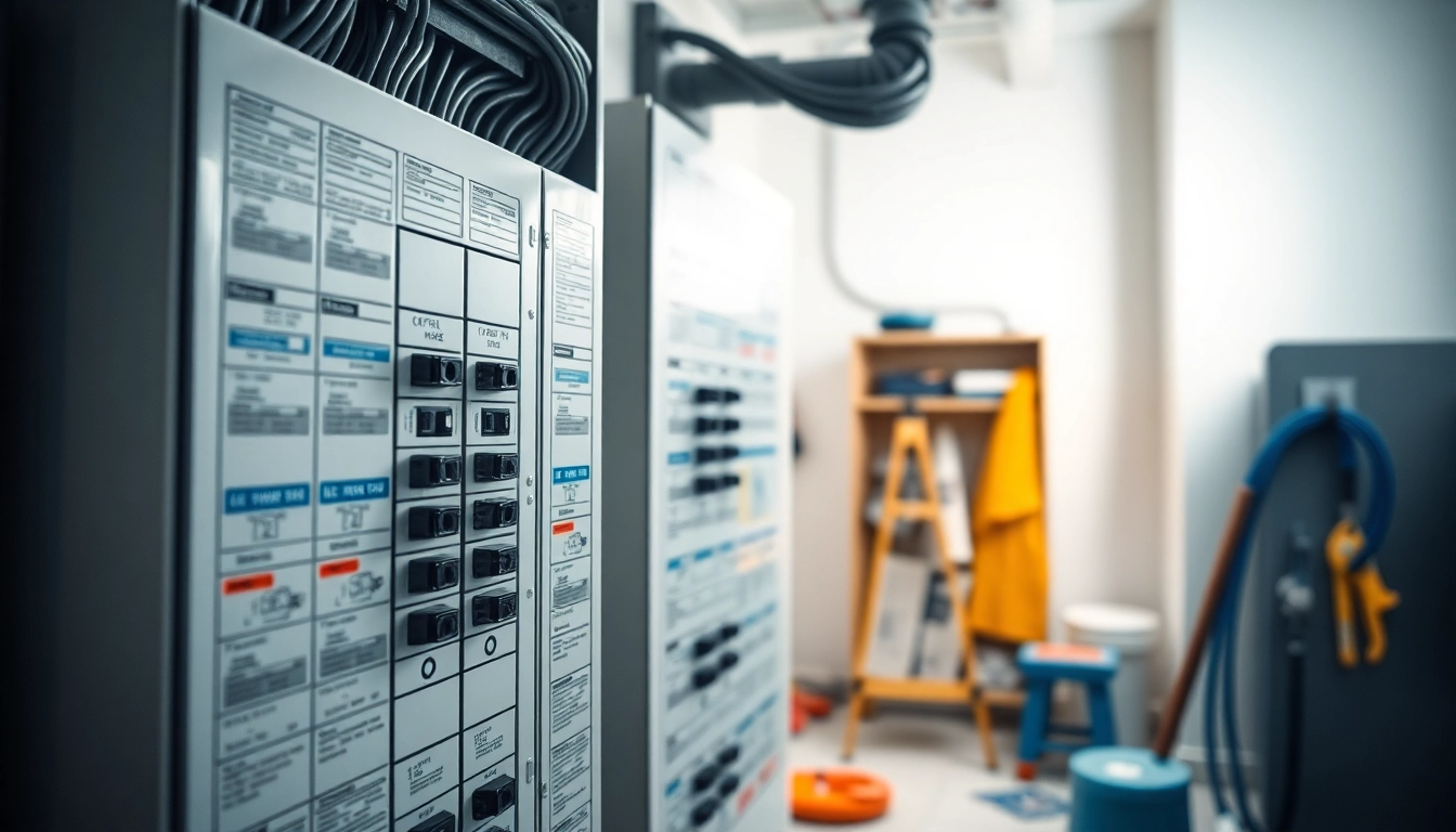 Inspecting an electrical panel with organized breakers across the panel setup.