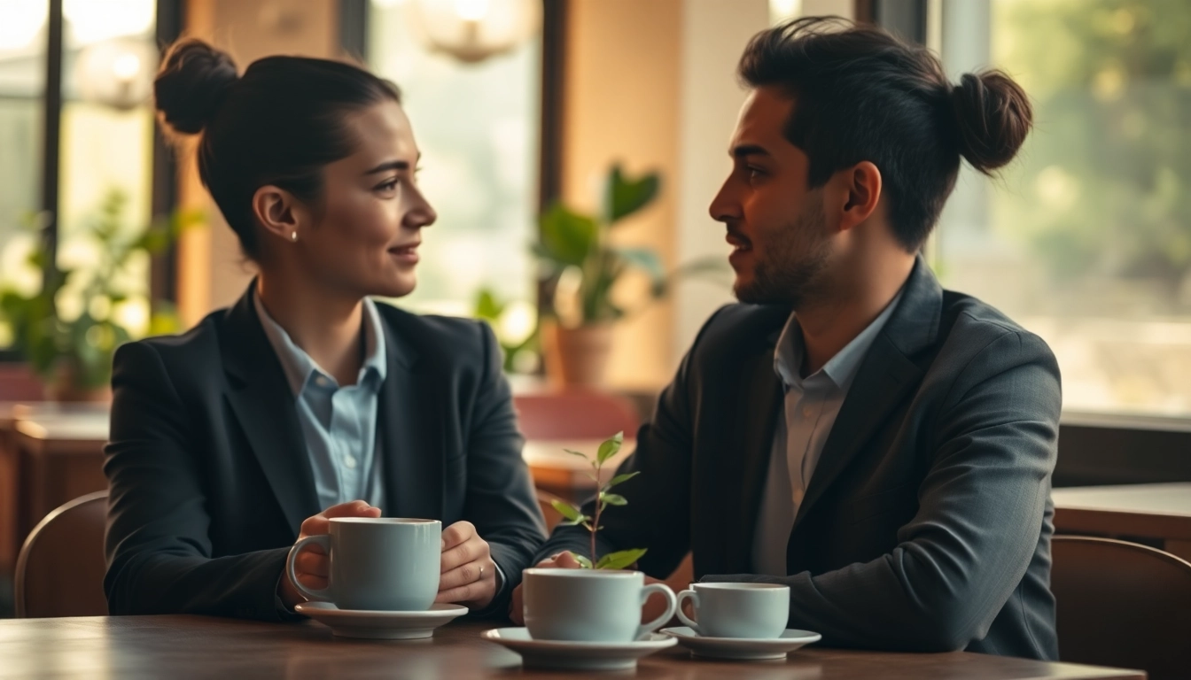 Couple practicing effective communication in relationships at a cozy café.
