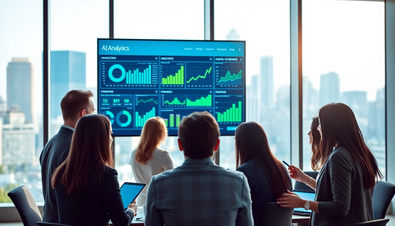 Visualizing ai for competitive intelligence with a team analyzing data in a modern office setting