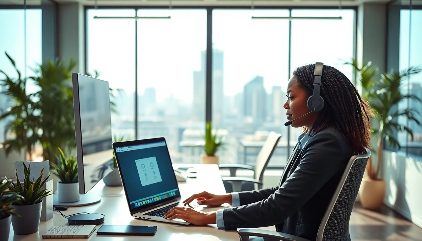 Helpdesk support technician assisting a client in a bright office setting.