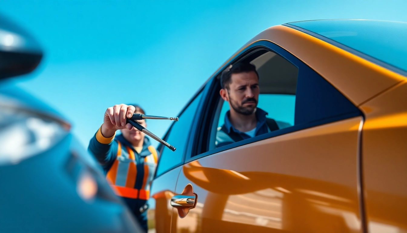 Unlocking a car with keys locked inside, showcasing a technician's assistance
