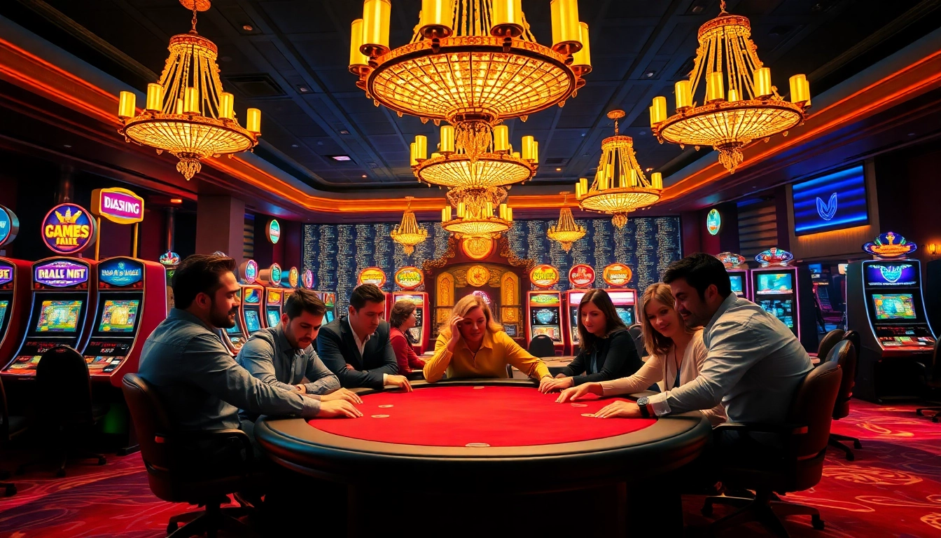 Experience TPower casino excitement with lively players at a luxurious poker table lit by golden chandeliers.
