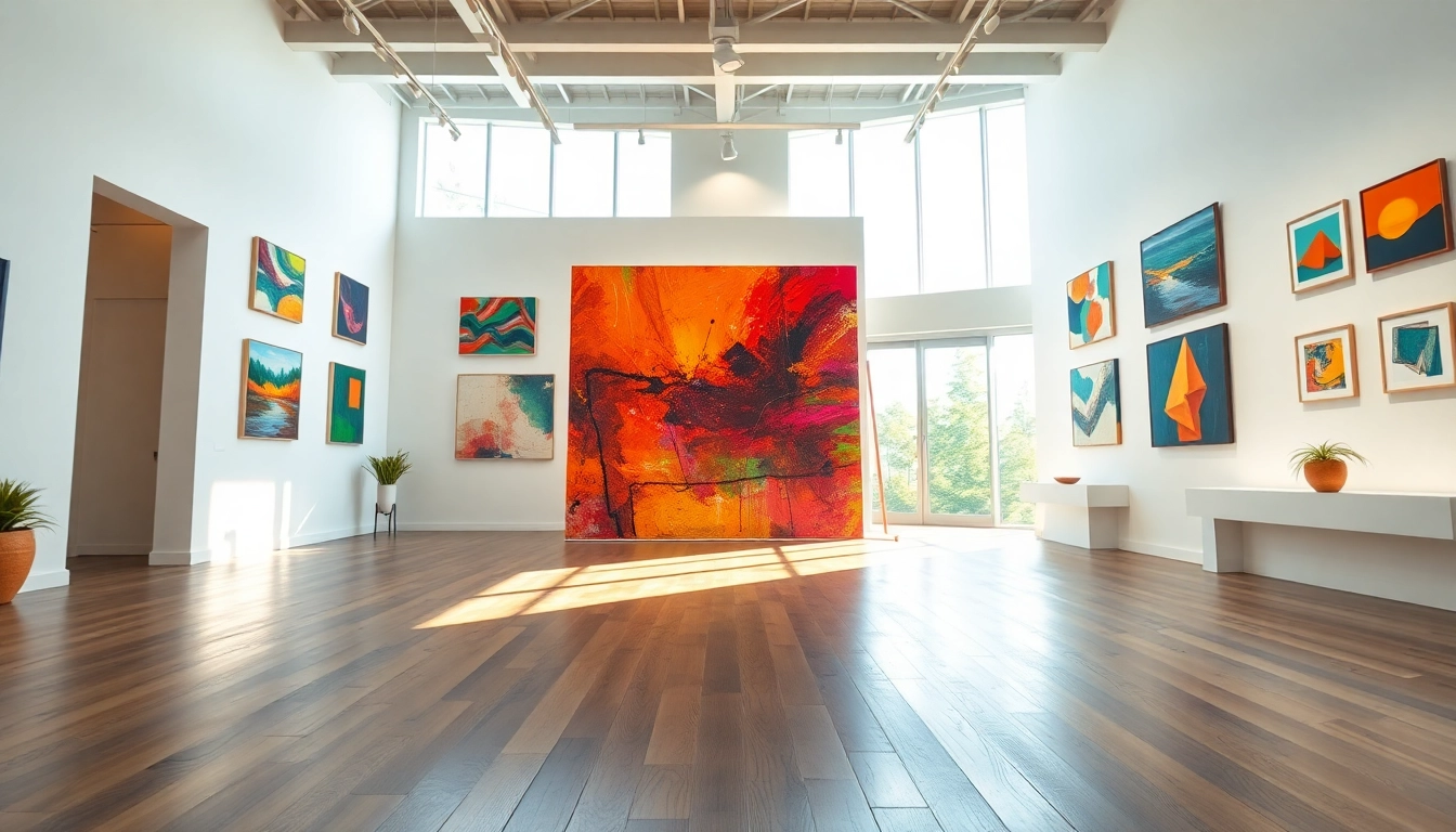 Admire the artistic display inside the in lieu gallery, showcasing modern artworks with a vibrant flair.