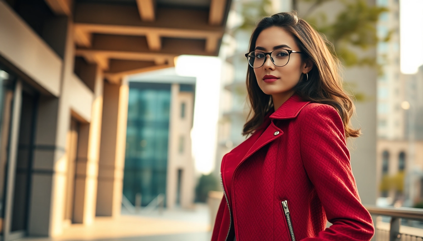 Stylish outdoor shot of a woman showcasing a jacket womens design with urban background.