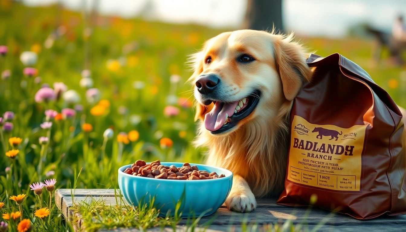 A golden retriever joyfully eating badlands ranch dog food from a bowl outdoors.