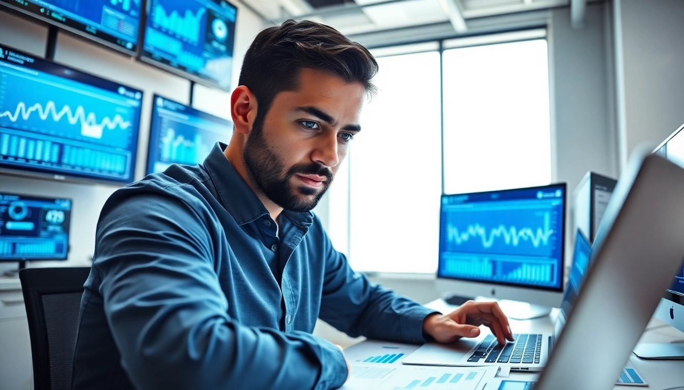 Analyze competitive intelligence data in a professional office environment with digital displays.